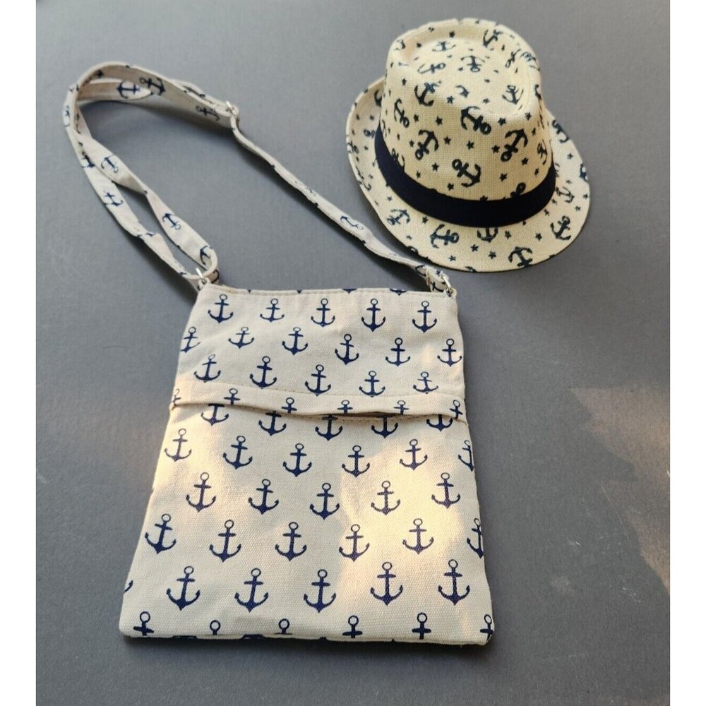 Lucky 7 USA Womens Straw Paper Brim Hat + Canvas Crossbody Purse Anchor Nautical